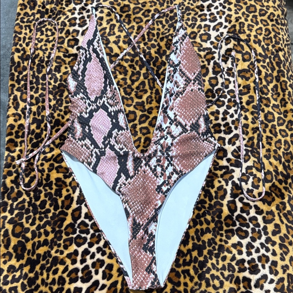 SHEIN Pink and Black Snakeskin One Piece Swimsuit